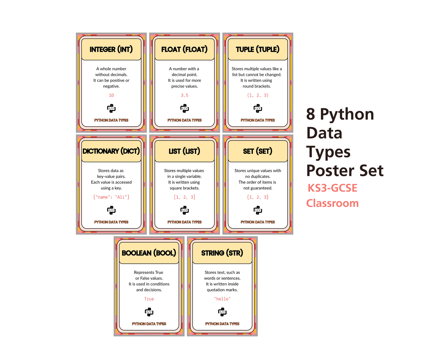 Python Data Types Posters (Complete Set of 8) | Computer Science Classroom Display