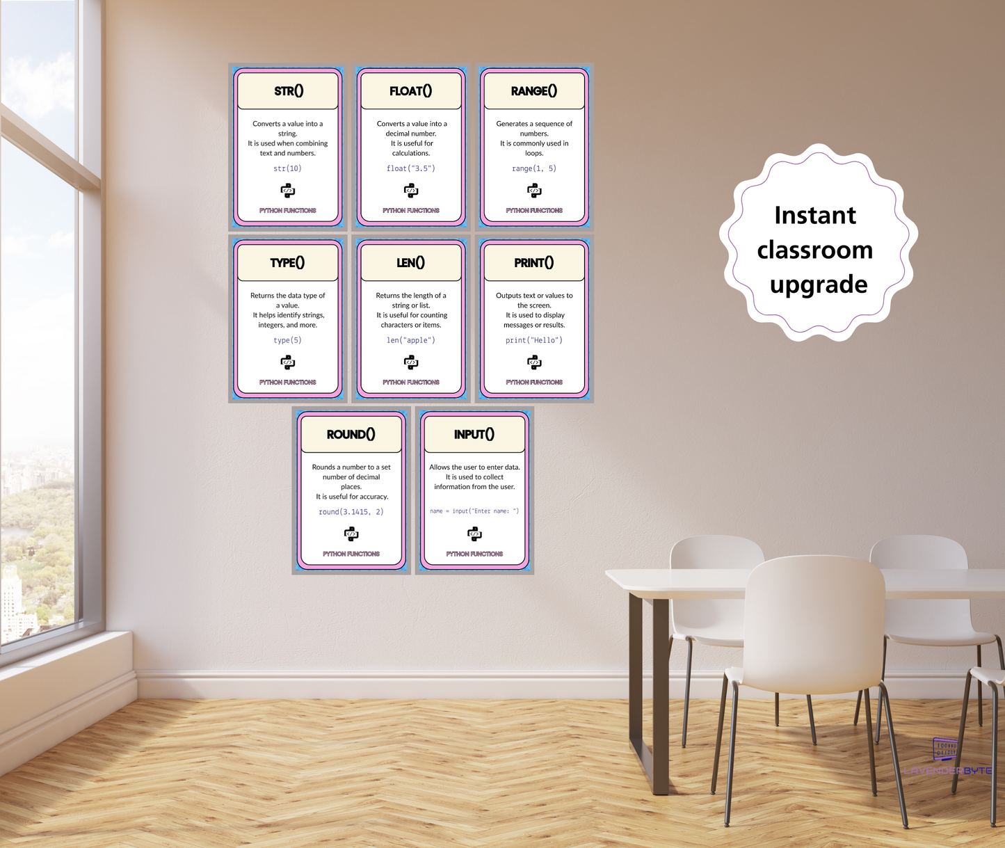 Python Functions Posters Set of 10 | Built-in Functions Classroom Display (print, input, len, type, range & more)