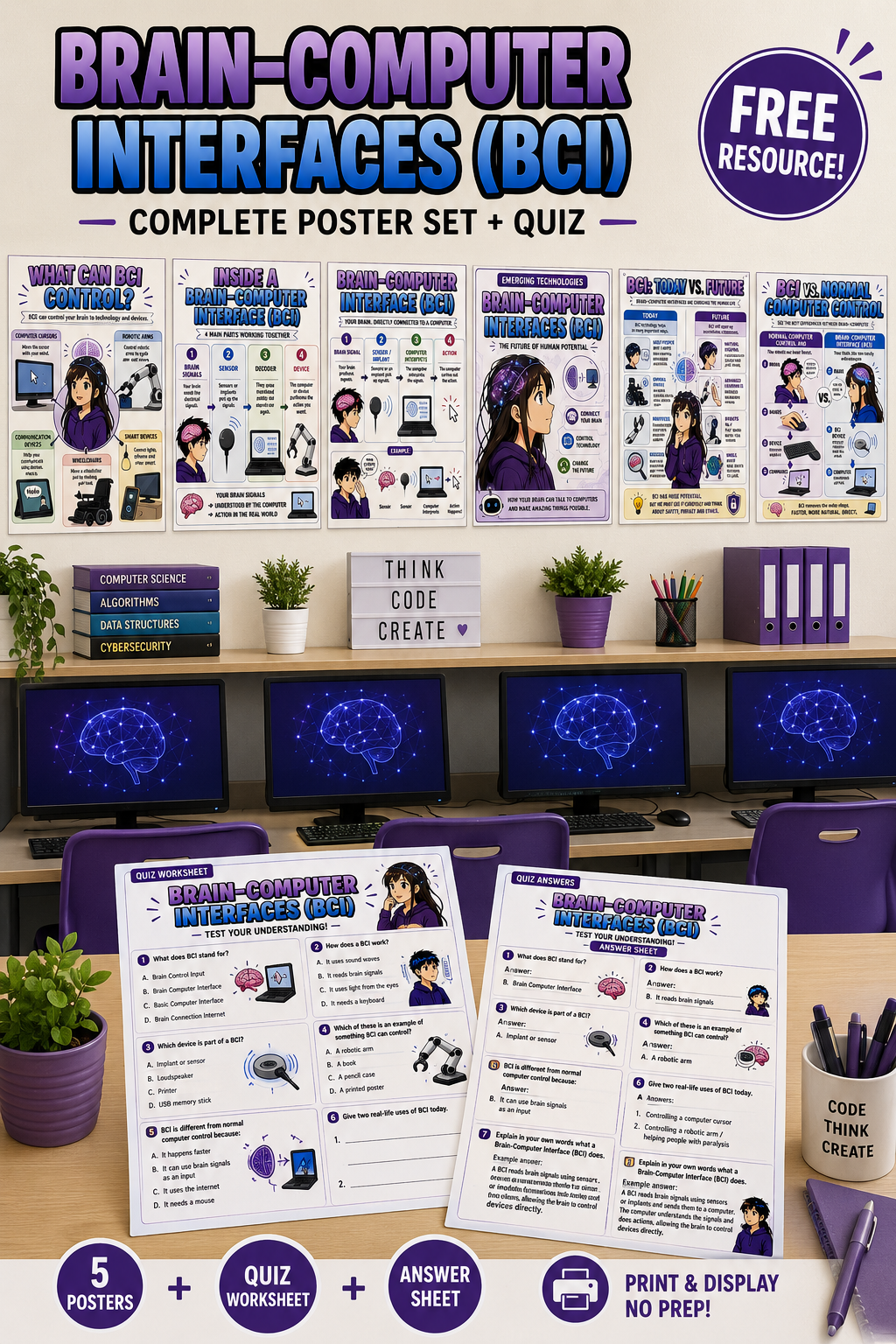 Free Brain Computer Interface (BCI) Posters & Quiz | Computer Science Resource