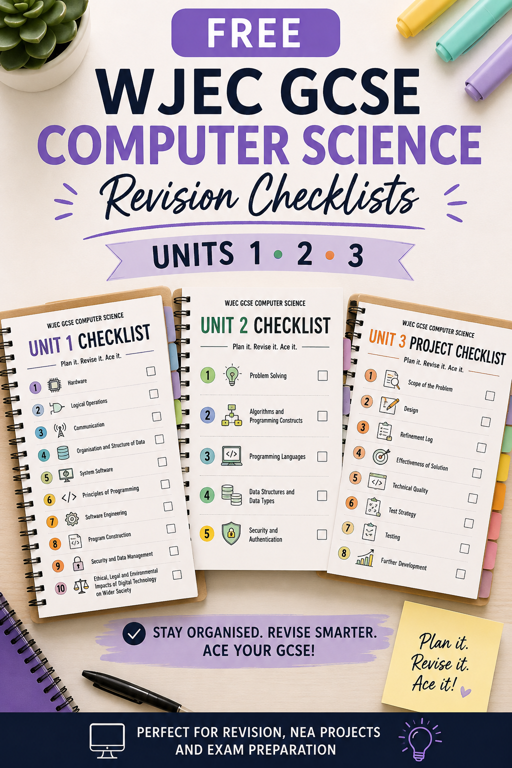 FREE WJEC GCSE Computer Science Revision Checklists | Units 1–3