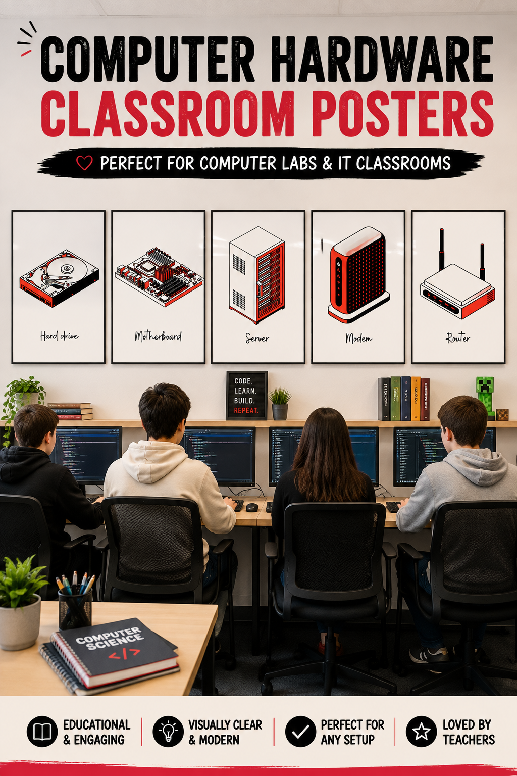 Set of 15 computer parts posters in a tech art style. Printable GCSE Computer Science hardware wall art for STEM classrooms and labs.