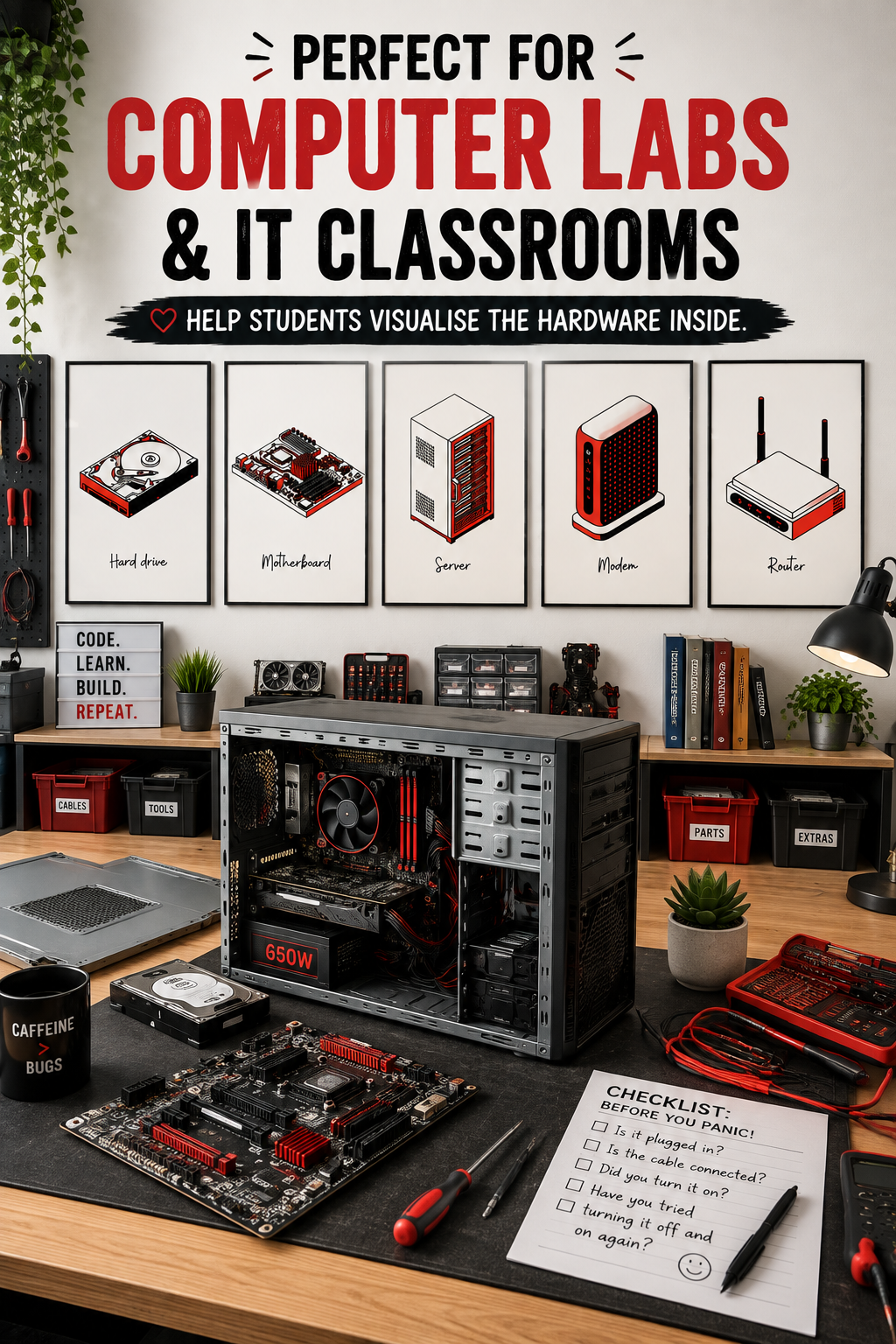 Set of 15 computer parts posters in a tech art style. Printable GCSE Computer Science hardware wall art for STEM classrooms and labs.