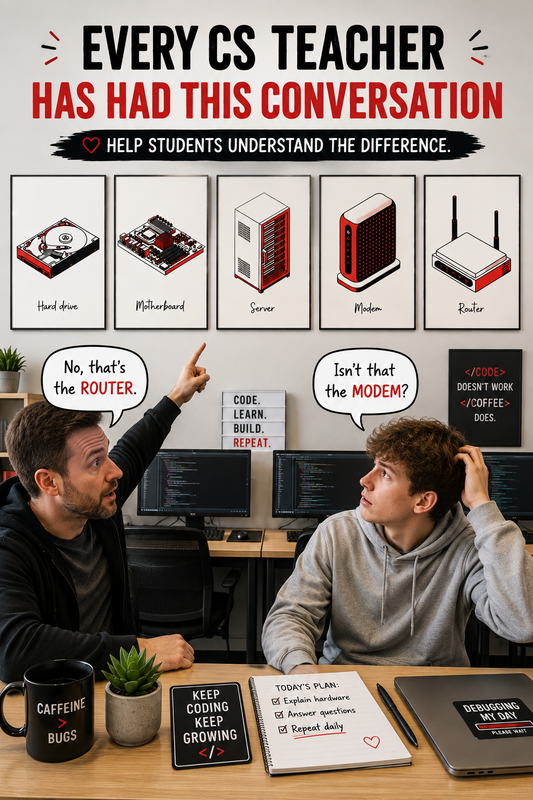 Set of 15 computer parts posters in a tech art style. Printable GCSE Computer Science hardware wall art for STEM classrooms and labs.