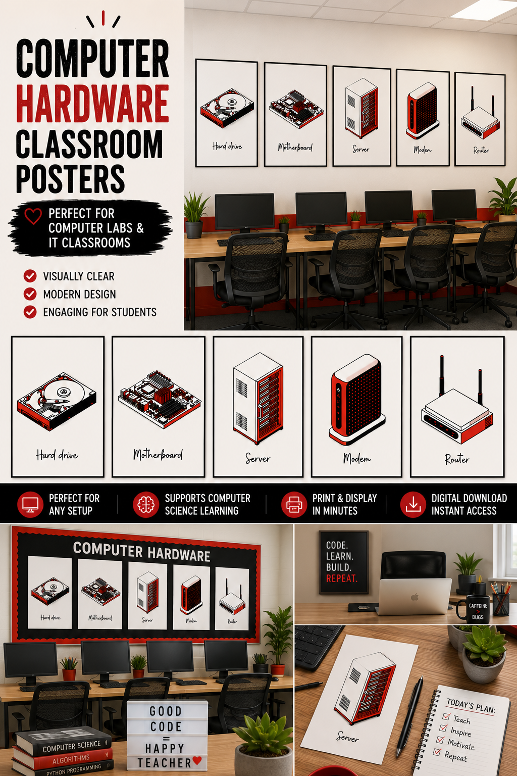 Set of 15 computer parts posters in a tech art style. Printable GCSE Computer Science hardware wall art for STEM classrooms and labs.