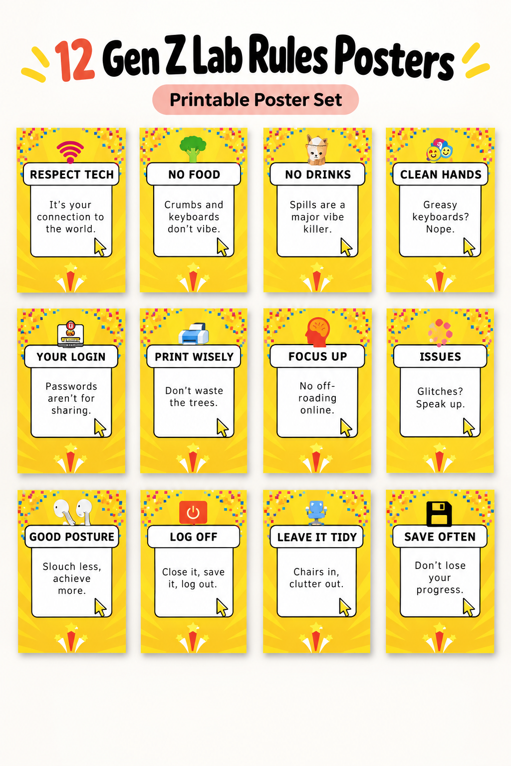 Computer Lab Rules Posters – Gen Z Classroom Decor (Set of 12)