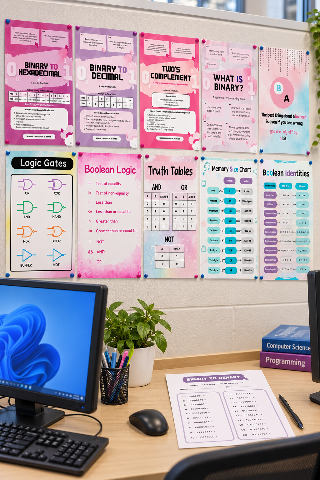 GCSE Computer Science Binary & Boolean Logic Revision Bundle | 11 Printables + Worksheet & Answers