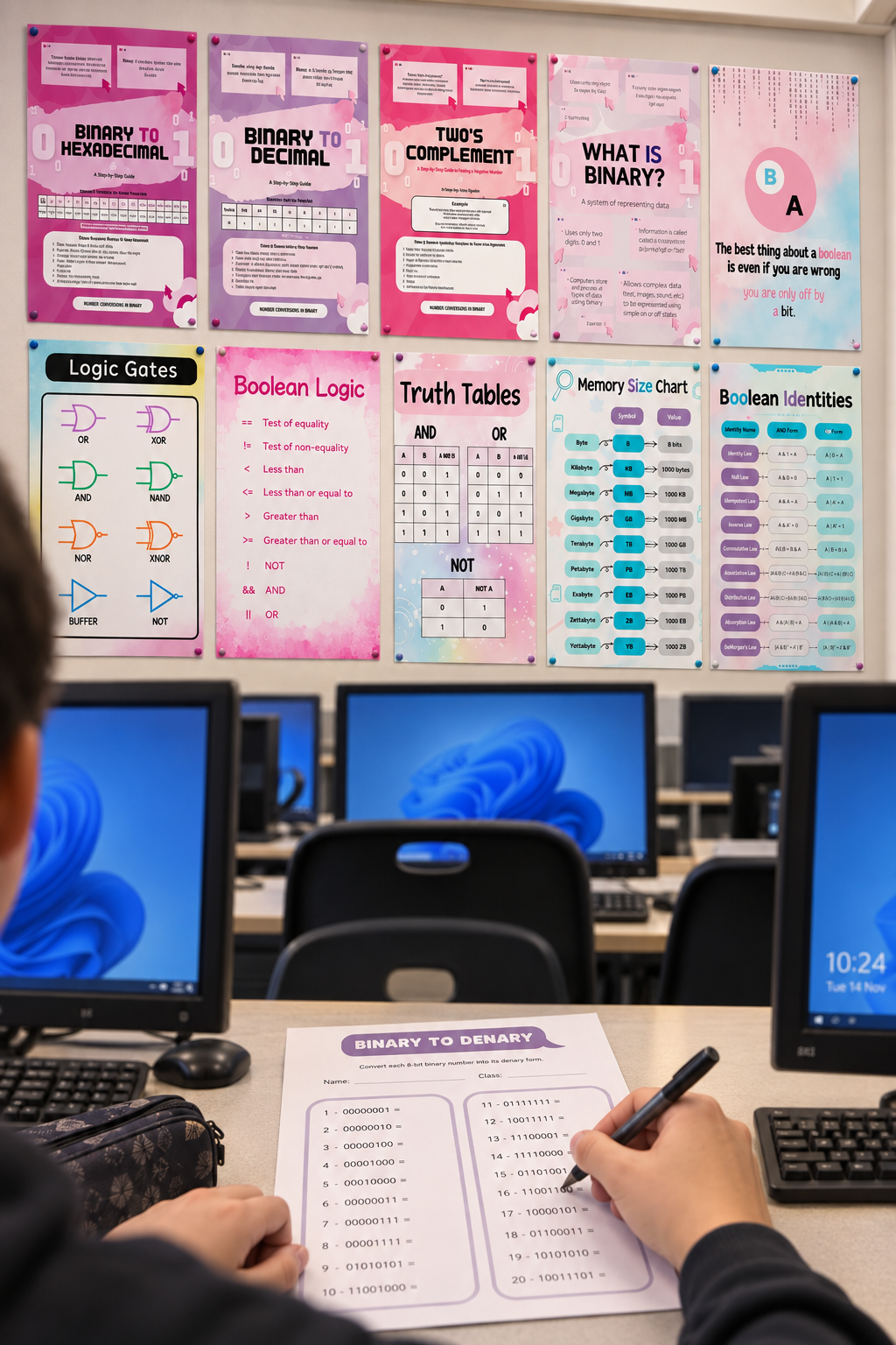 GCSE Computer Science Binary & Boolean Logic Revision Bundle | 11 Printables + Worksheet & Answers