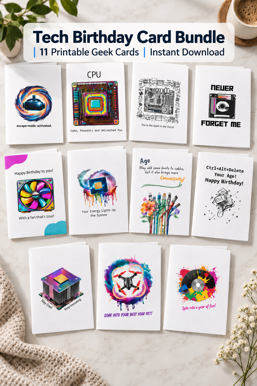 Tech Birthday Card Bundle | 11 Printable Cards for Programmers, Coders & Tech Lovers