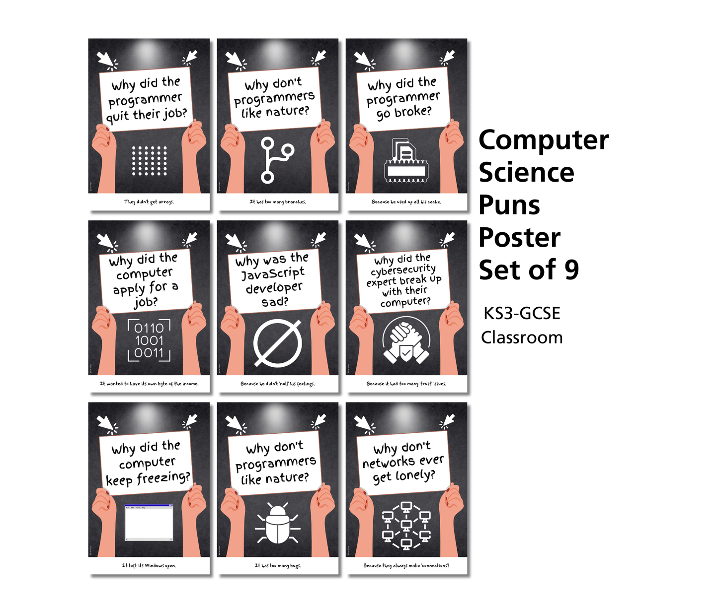 Computer Science Puns Poster Set (9) | Tech Humour Classroom Decor | Printable Computing Posters