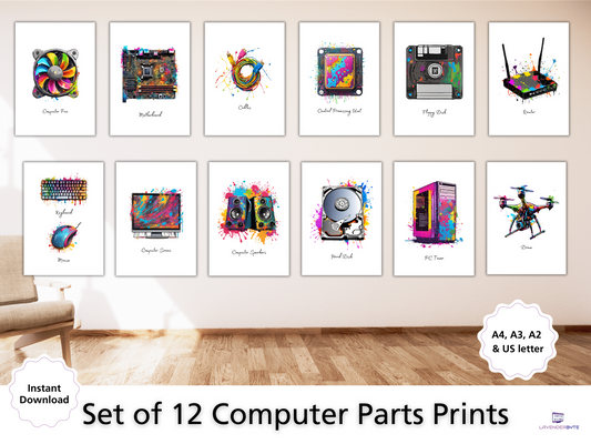 Artistic Computer Hardware Posters - Computing Classroom Posters x12, Computer Science GCSE STEM Class Technology Decor with Paint Splatter