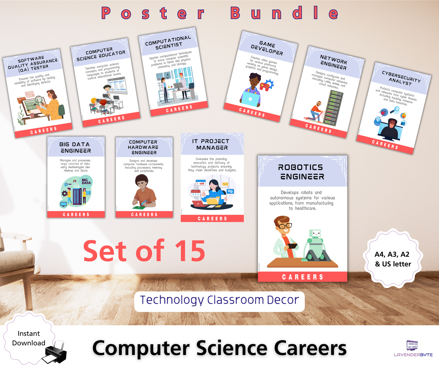 Careers in Computer Science set of 15 Classroom Posters Bundle Tech Posters Class Decor for Teachers Students College High School Lab Prints