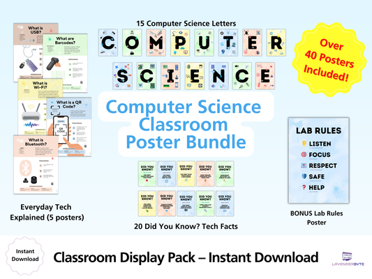 Computer Science Classroom Posters Bundle – 20 Did You Know Tech Facts, Lab Rules, Everyday Tech Explained & Letters – ICT STEM Display Pack
