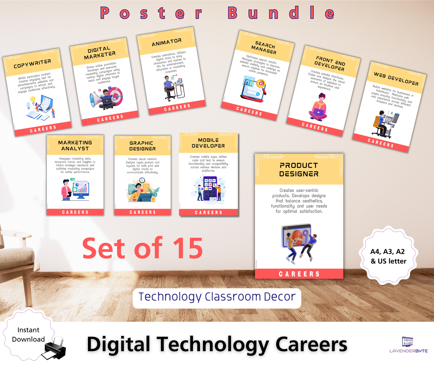 Careers in Digital Technology set of 15 Classroom Posters Bundle Tech Posters Class Decor Teachers Students College High School Lab Prints