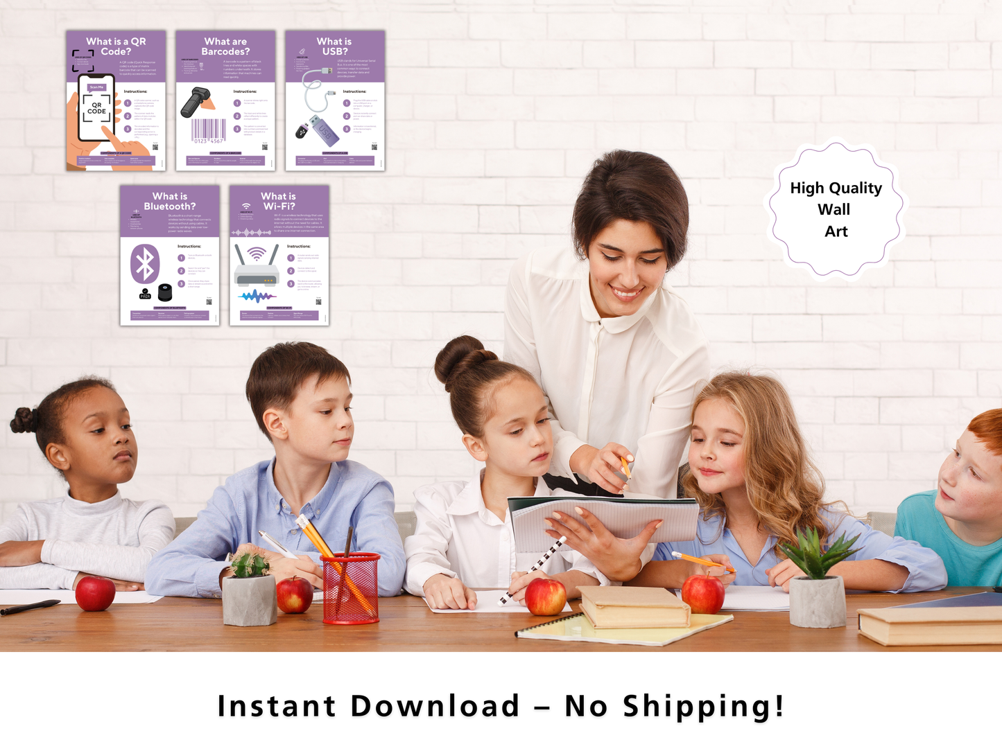 Everyday Tech Explained Posters | Computer Science Classroom Decor | ICT Printable Wall Charts | QR Code, Wi-Fi, USB, Bluetooth, Barcodes