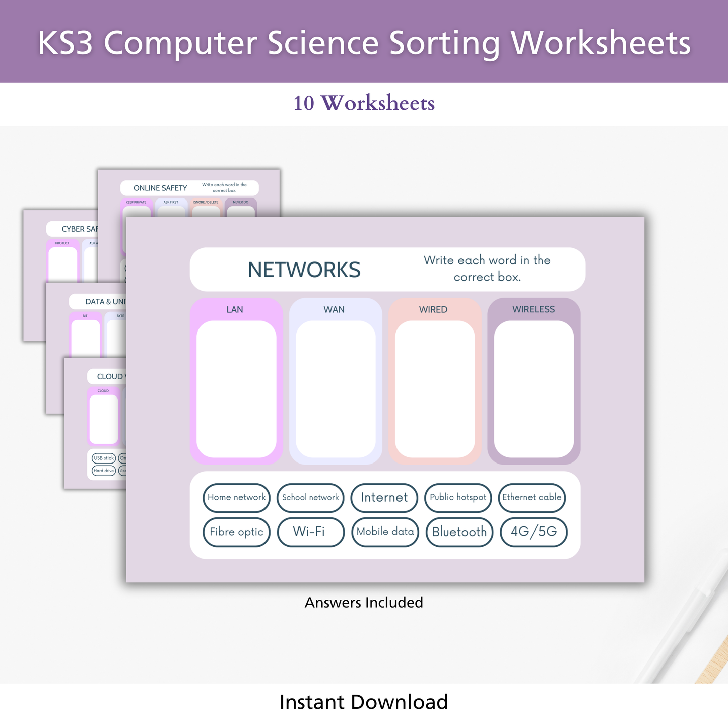 KS2/KS3 Computer Science Sorting Pack – 10 Printable Worksheets + Answers
