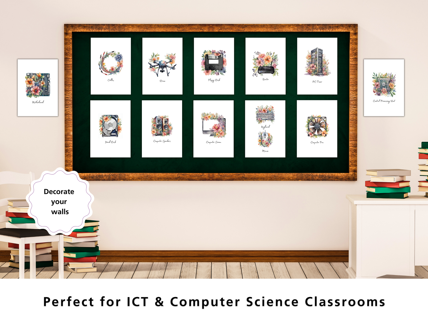 Floral Computer Tech Posters – Set of 12 | Modern STEM Classroom Wall Art