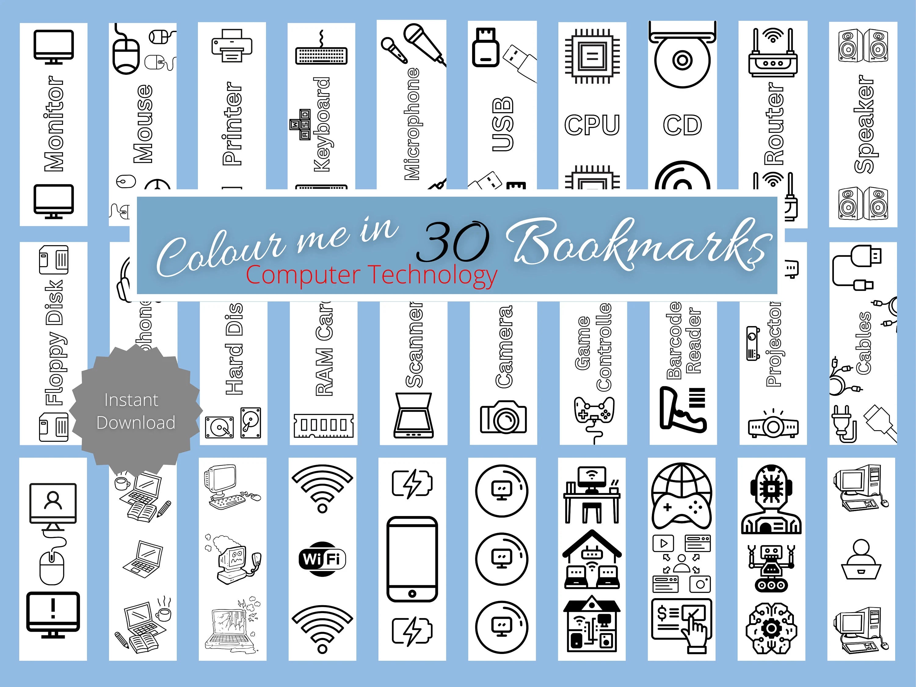 Computer Science Colouring Bookmarks | Set of 30 Printable Technology ...