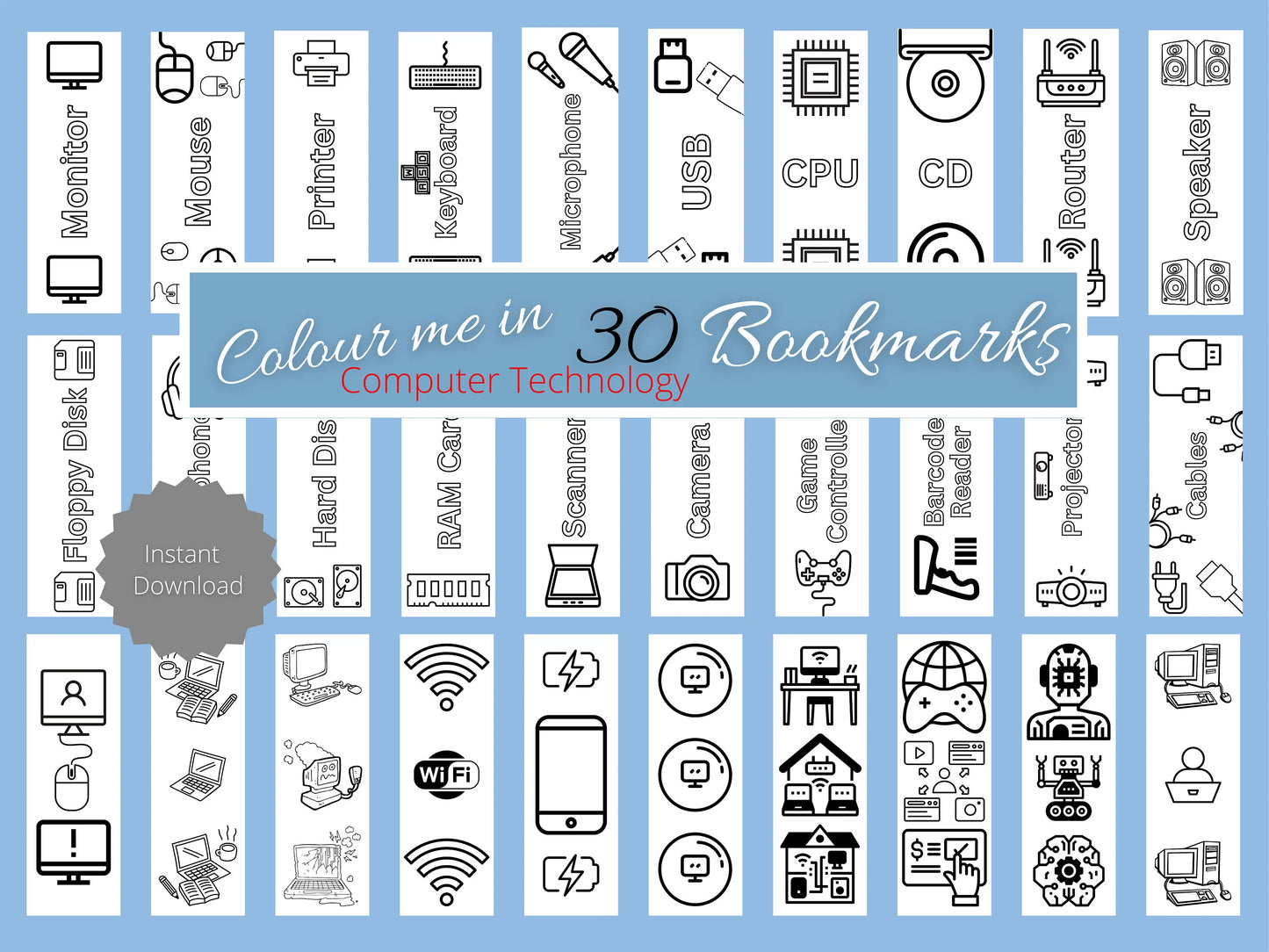 Bookmarks Colouring technology Computer Science bookmarks Printable Colour me in Bookmarks x30 Kids School DIY activity Colour in your own