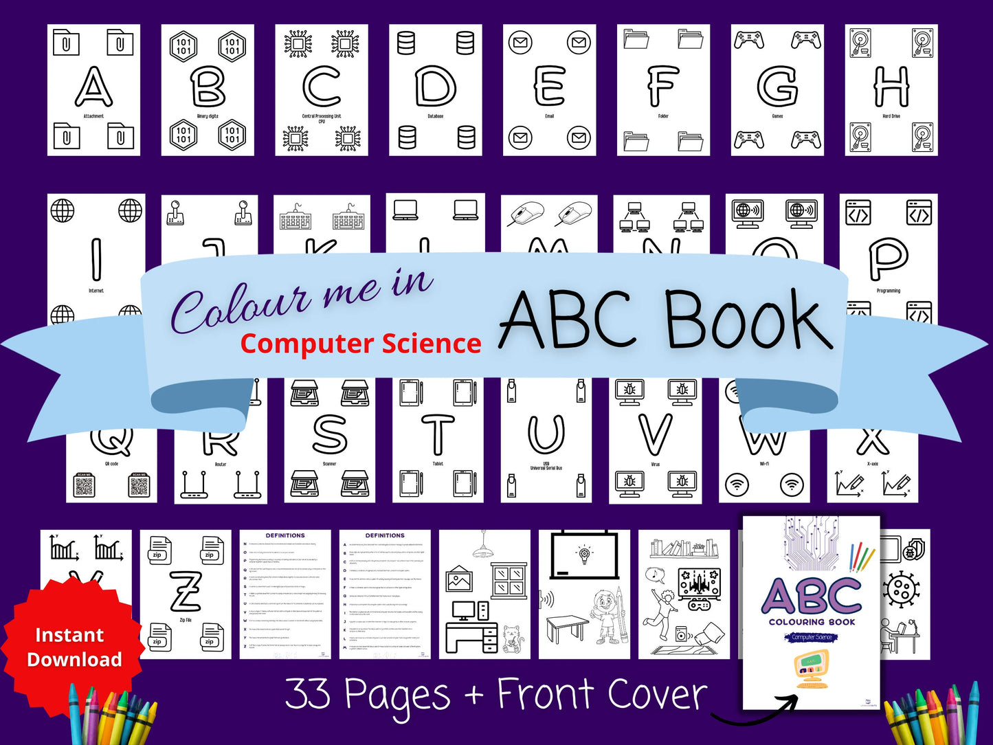 Colouring book printable pages Students Children Computing Colour me in Kid School DIY activity Colour in your own STEM ABC activity Book