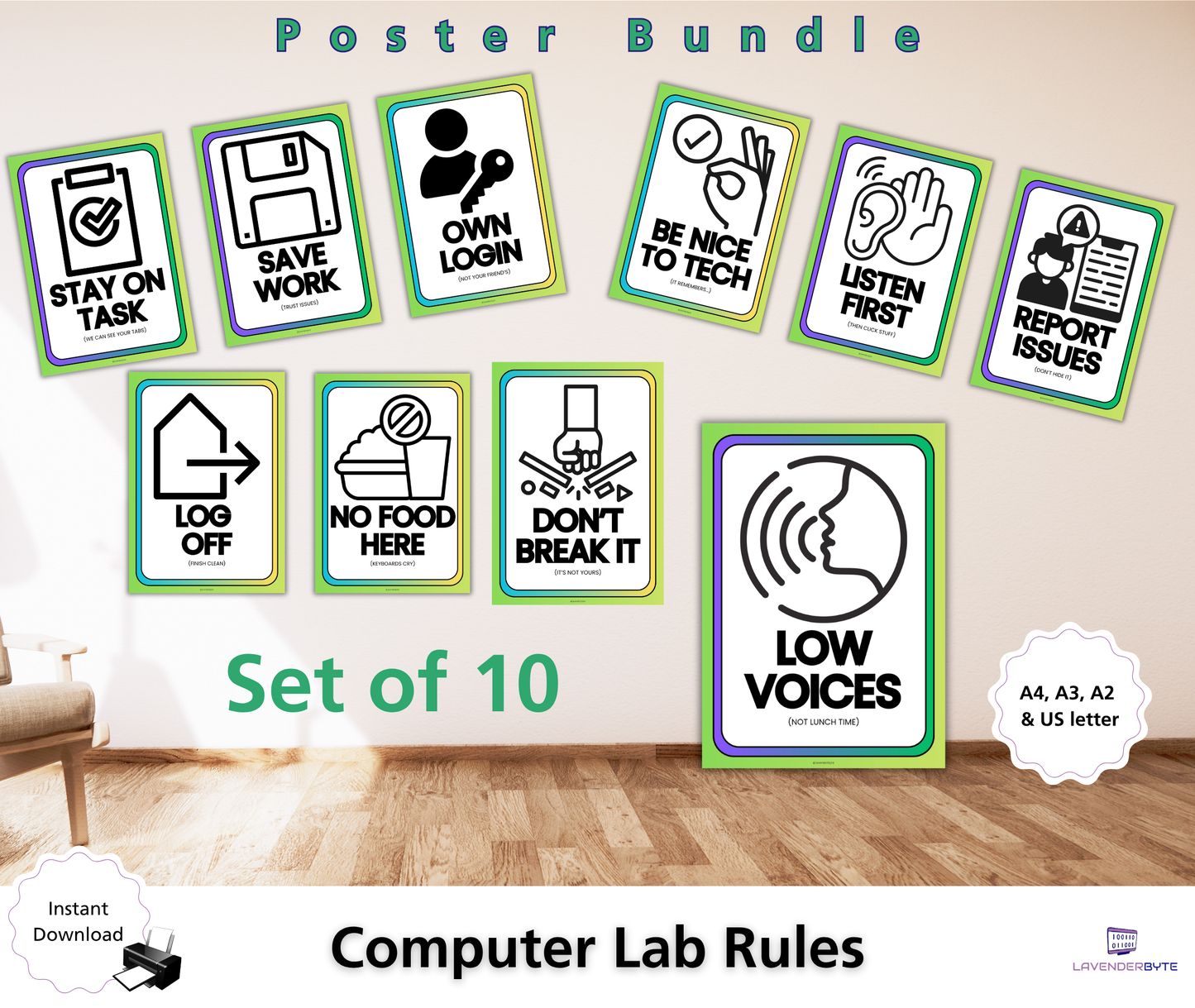 Computer Lab Rules Posters Set of 10 | Aesthetic Computing Classroom Decor for KS2 KS3