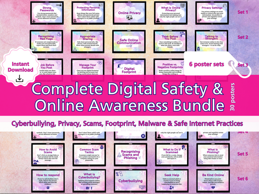 Complete digital safety and online awareness poster bundle with 30 classroom posters covering privacy, cyberbullying, scams, phishing, and digital footprint.