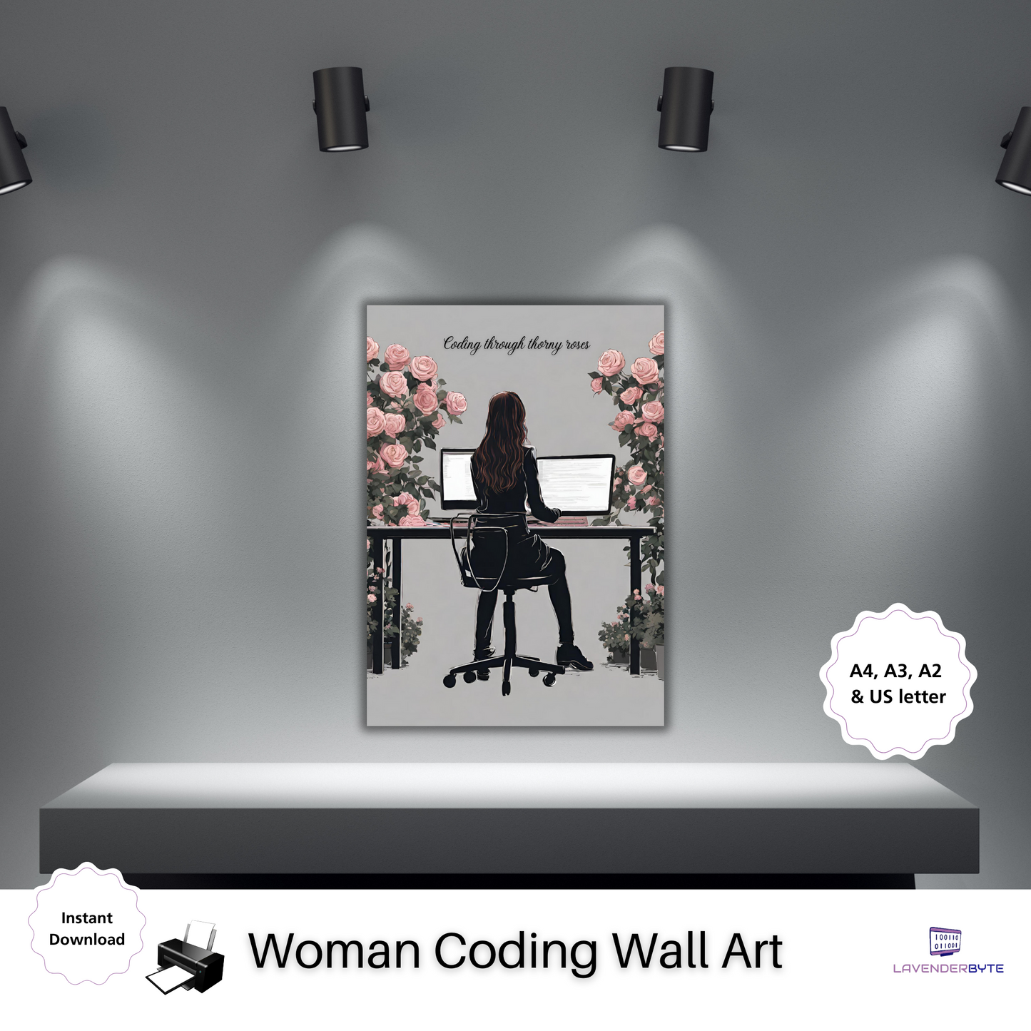 Women in Computer Science Wall Art Girls Can Code Poster Student Programmer Woman Rose Poster Floral Office Art Print Tech IT Work from home