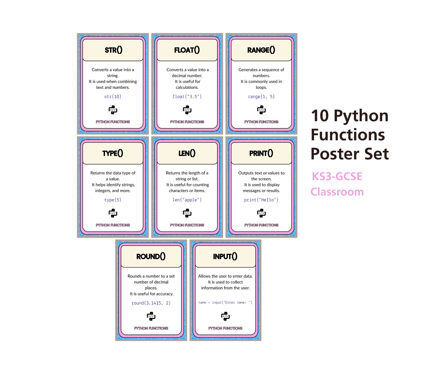 Python Functions Posters Set of 10 | Built-in Functions Classroom Display (print, input, len, type, range & more)