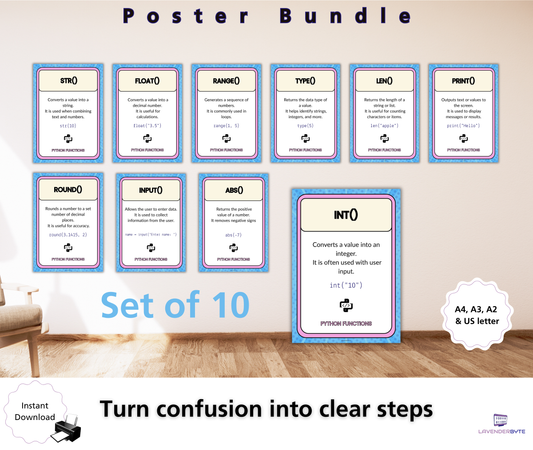 Python Functions Posters Set of 10 | Built-in Functions Classroom Display (print, input, len, type, range & more)