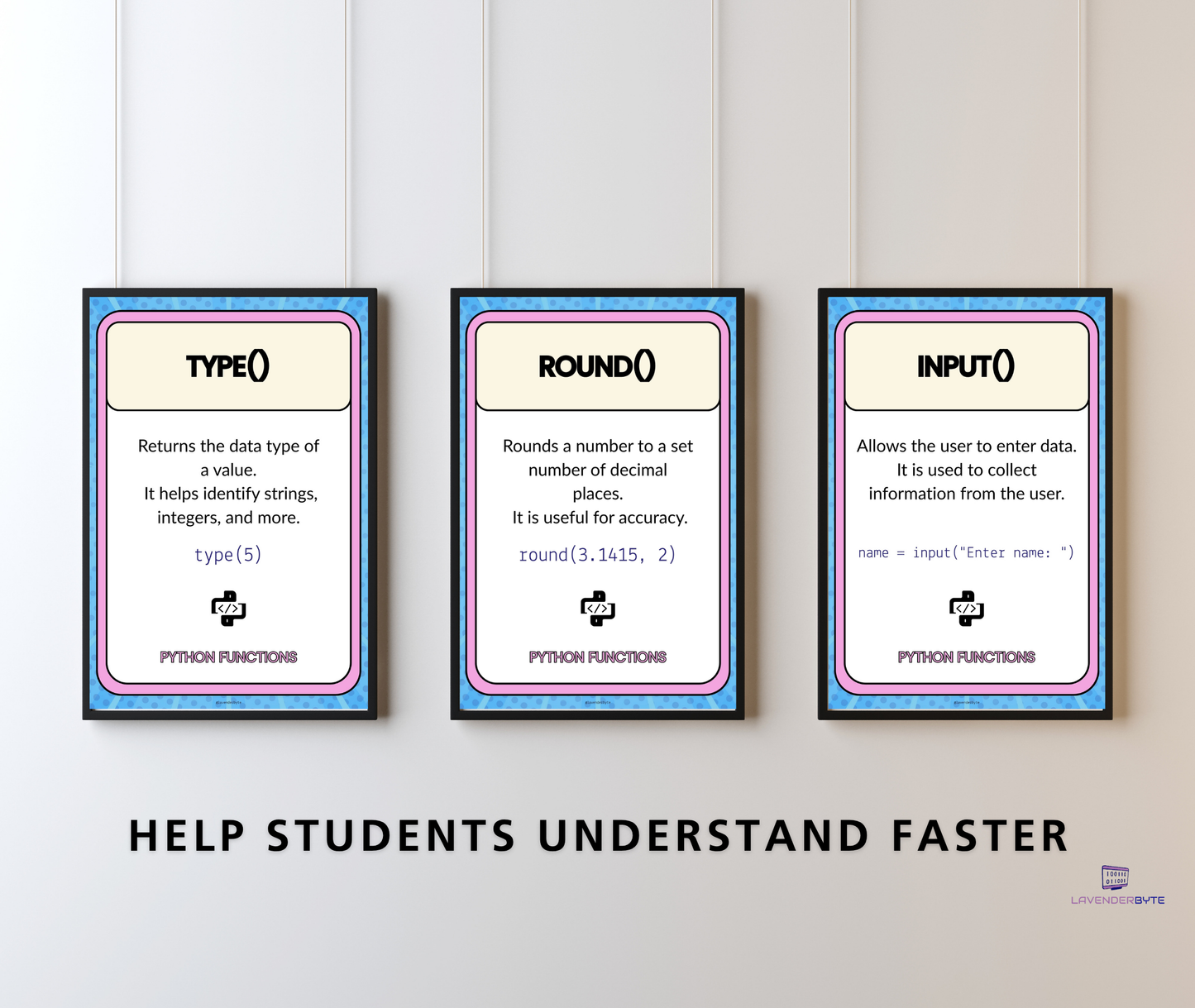 Python Functions Posters Set of 10 | Built-in Functions Classroom Display (print, input, len, type, range & more)